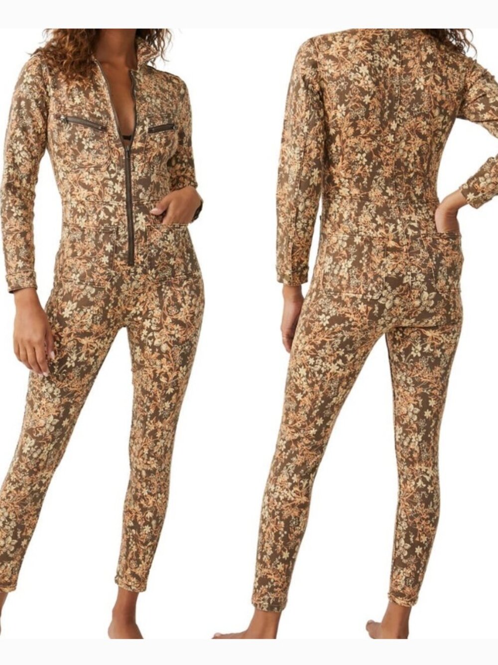 Free People Lennox Flower Printed Jumpsuit One Piece Cappuccino Brown NWT New XS